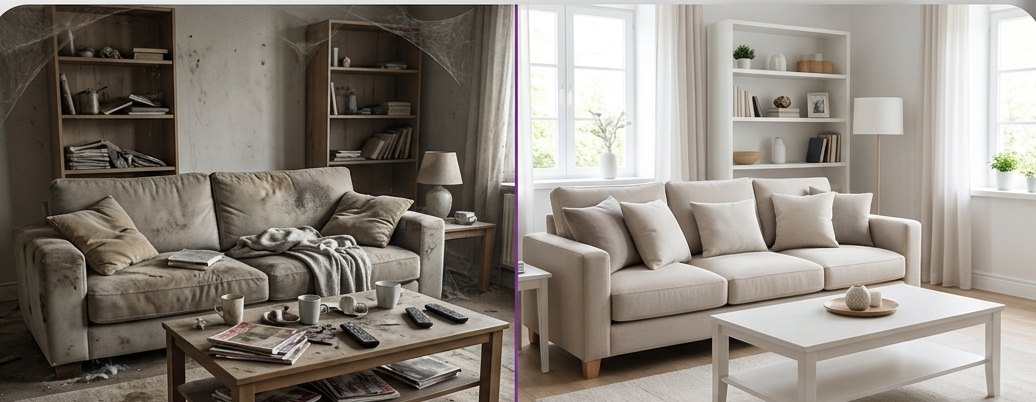 Living room before and after carpet and upholstery cleaning