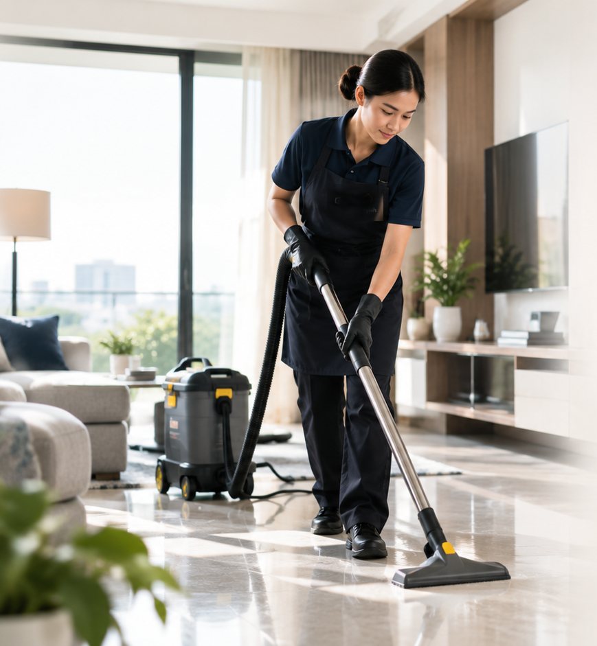 CarpetCare technician extracting a living-room carpet